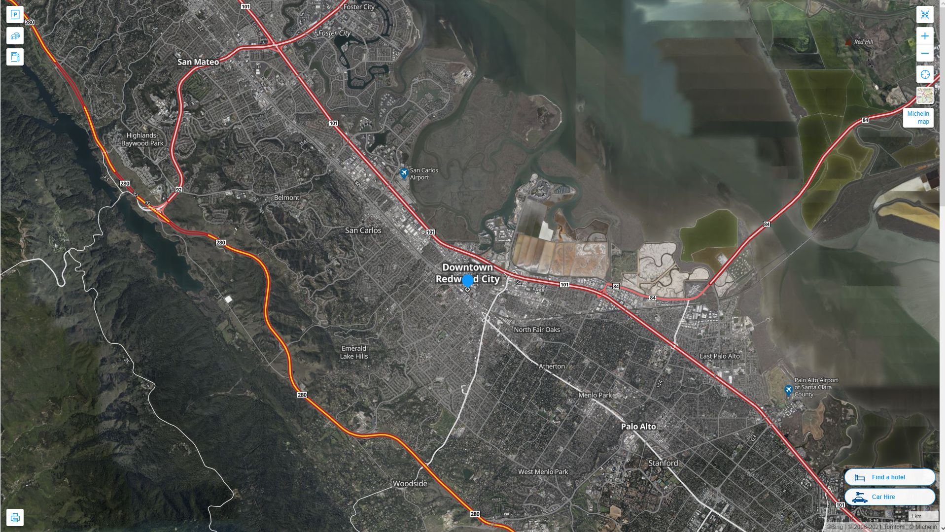 Redwood City California Highway and Road Map with Satellite View